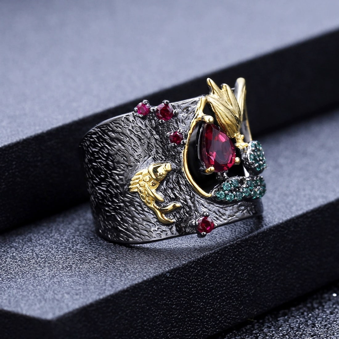 925 Sterling Silver Natural Rhodolite Garnet & Synthetic Ruby & Nano Emerald Ring - 2