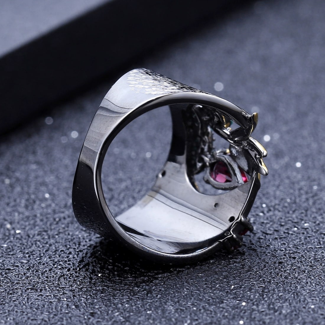 925 Sterling Silver Natural Rhodolite Garnet & Synthetic Ruby & Nano Emerald Ring - 4