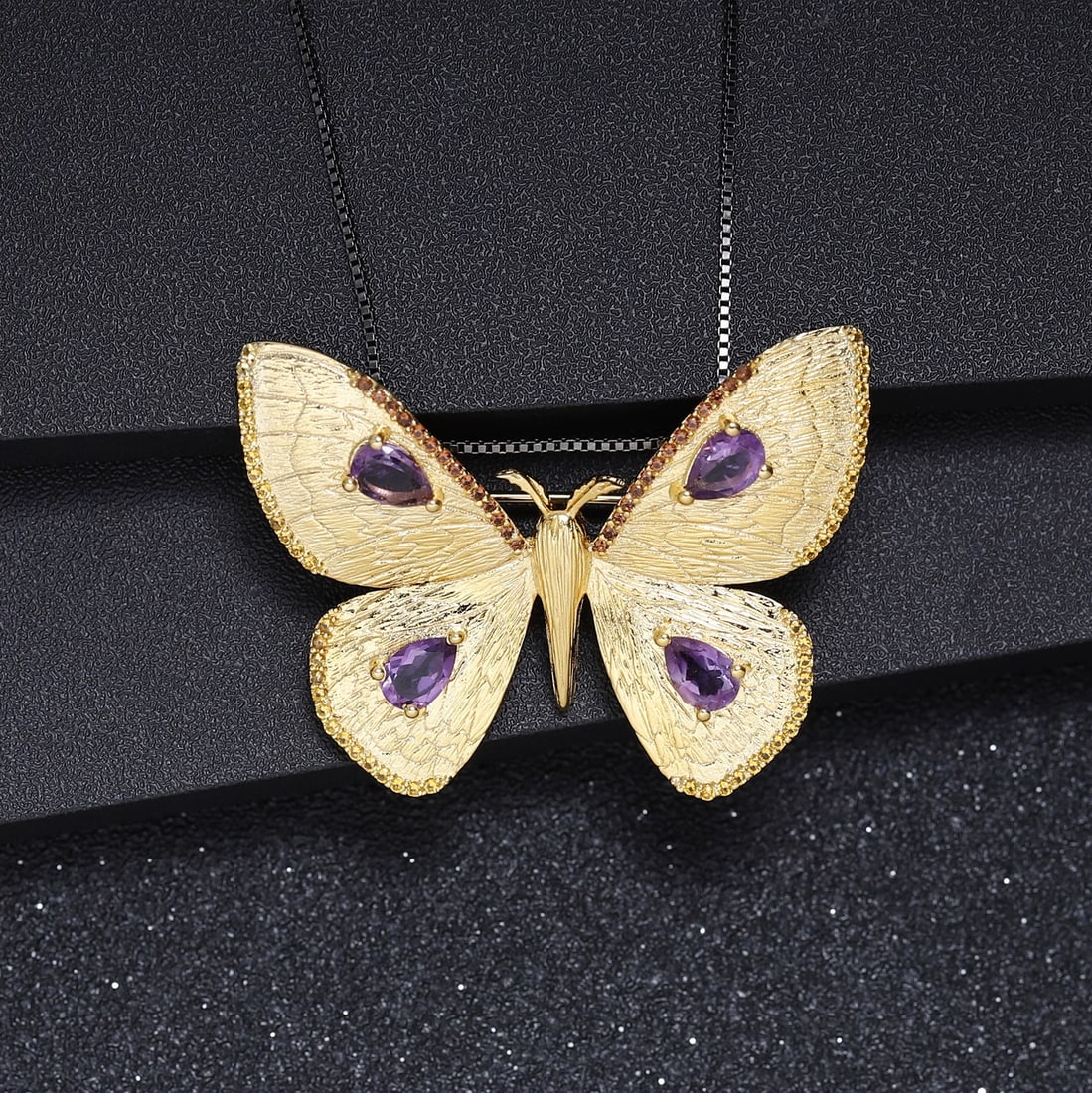 925 Sterling Silver Natural Amethyst & Nano Citrine & Butterfly Necklace - 3