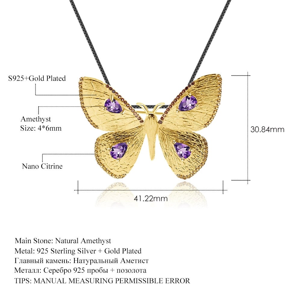 925 Sterling Silver Natural Amethyst & Nano Citrine & Butterfly Necklace - 4