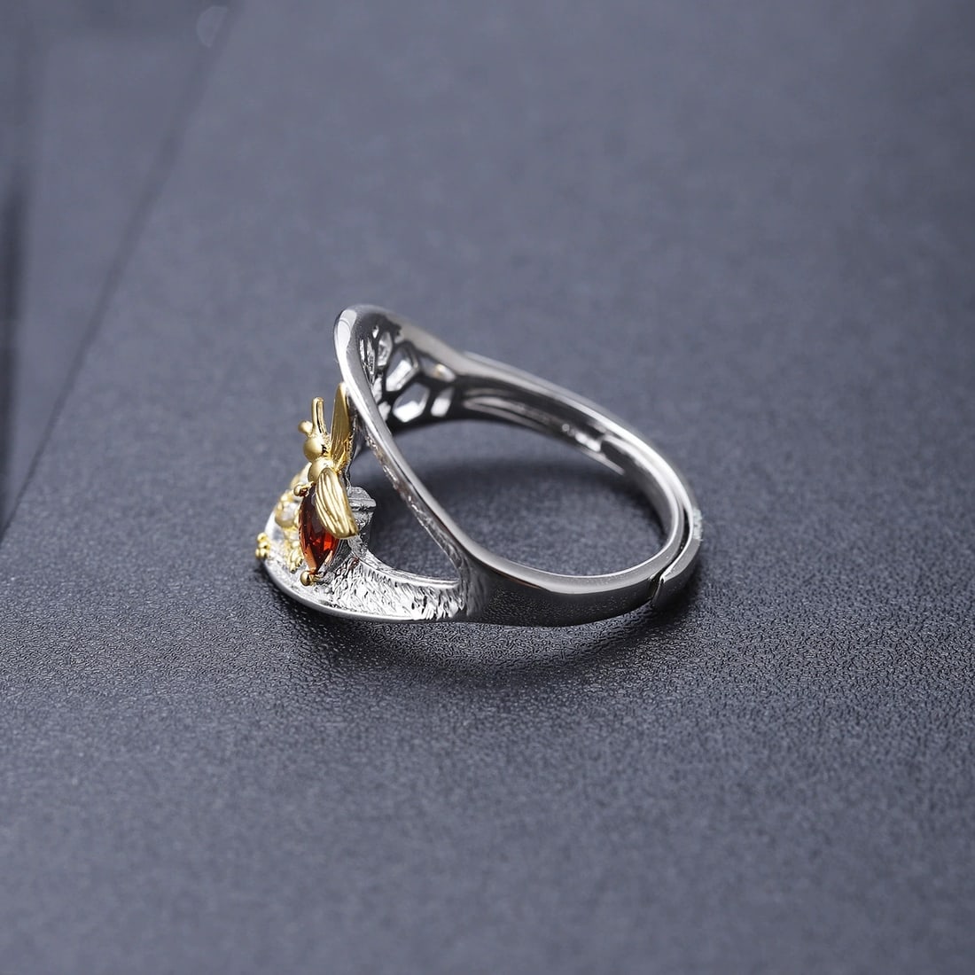 925 Sterling Silver Natural Garnet & Bees Ring - 2