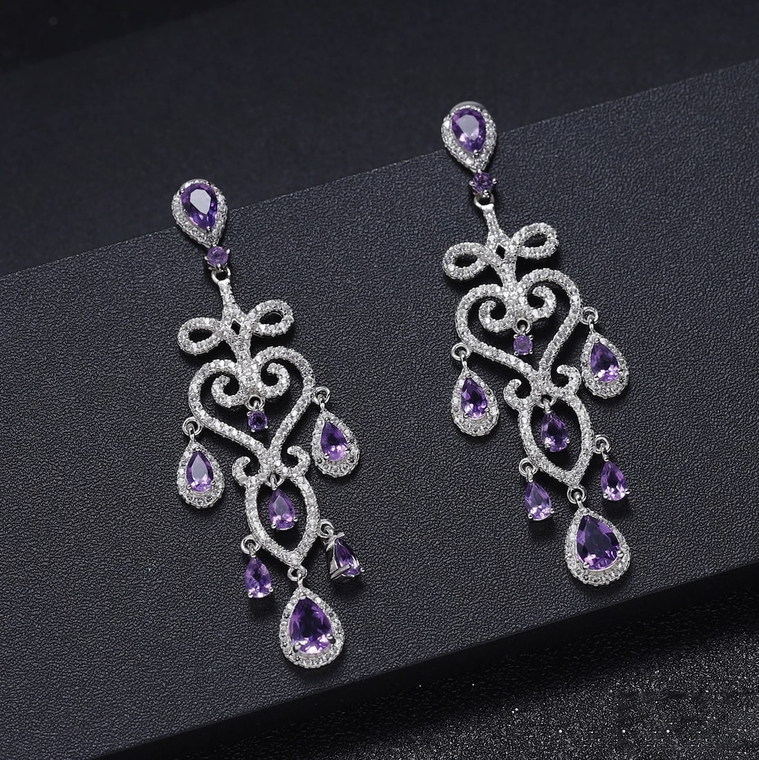 925 Sterling Silver Natural Amethyst & Cubic Zirconia Earrings - 2