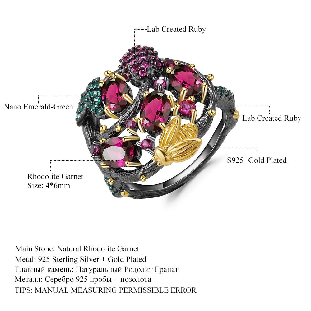 925 Sterling Silver Natural Rhodolite Garnet & Lab Created Ruby & Nano Emerald Ring - 2