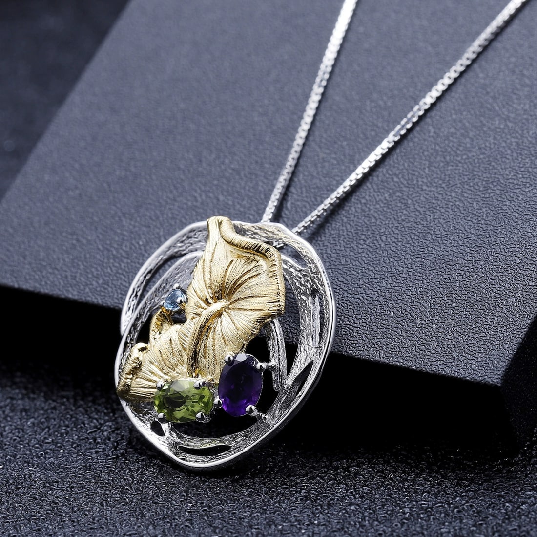 925 Sterling Silver Natural Amethyst & Peridot & Topaz Necklace - 3