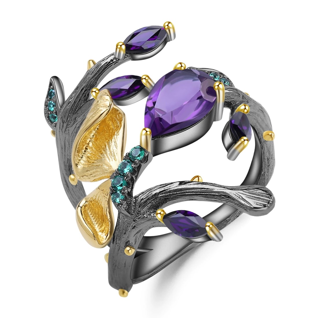 925 Sterling Silver Natural Amethyst & Nano Emerald Ring: Ref:260821196 // gold content:925 sterling silver // ring size:7. 25us // // main gemstone:amethyst // shape:multiple // carat weight: // color:purple // treatment:natural // // adjacent gemstone 2 :