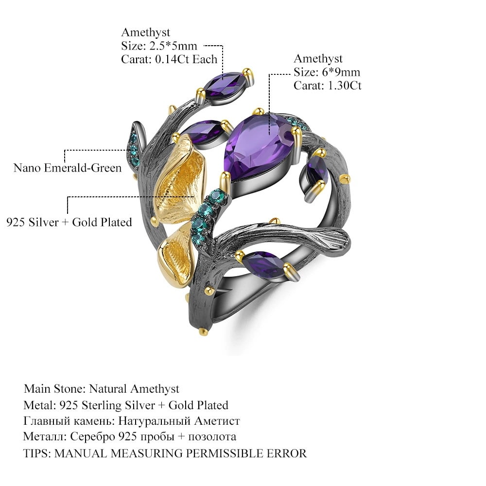 925 Sterling Silver Natural Amethyst & Nano Emerald Ring - 2