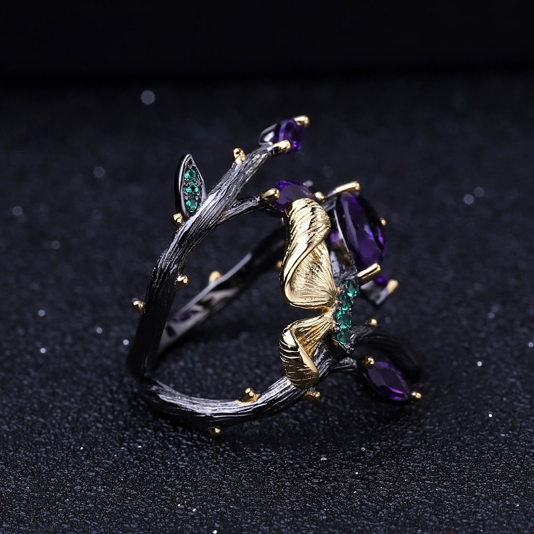 925 Sterling Silver Natural Amethyst & Nano Emerald Ring - 3
