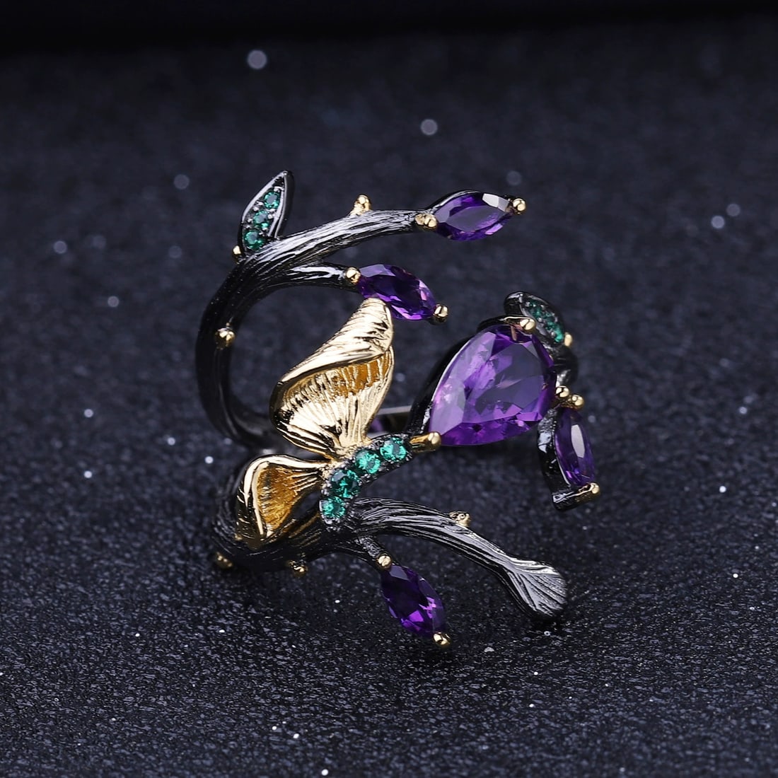 925 Sterling Silver Natural Amethyst & Nano Emerald Ring - 4