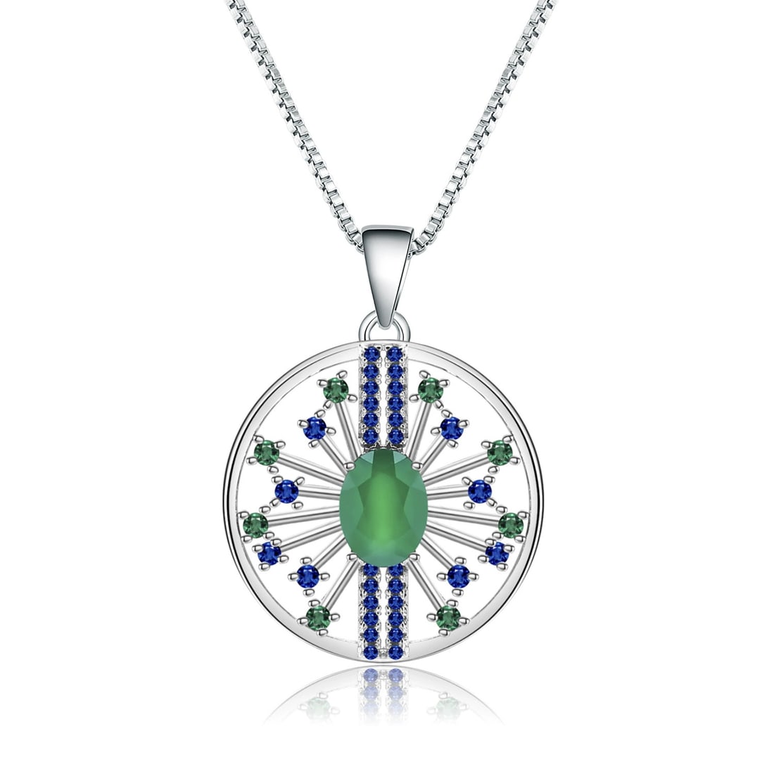 925 Sterling Silver Natural Agate & Nano Sapphire & Nano Emerald Necklace: Ref:260821204 // gold content:925 sterling silver // main gemstone:agate // shape:oval // carat weight: // color:green // treatment:natural // // adjacent gemstone 2 : nano sapphire // shape:round // 