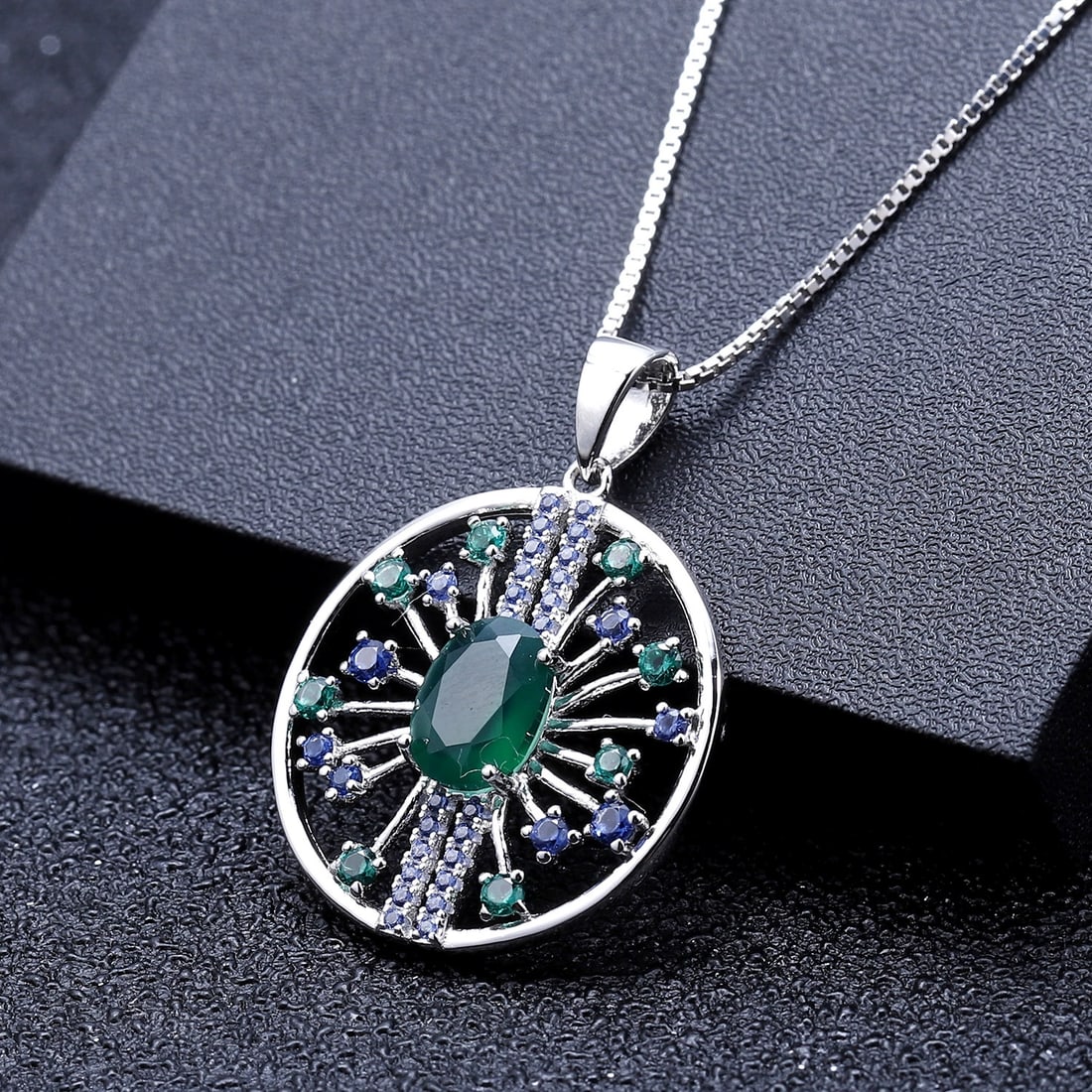 925 Sterling Silver Natural Agate & Nano Sapphire & Nano Emerald Necklace - 4