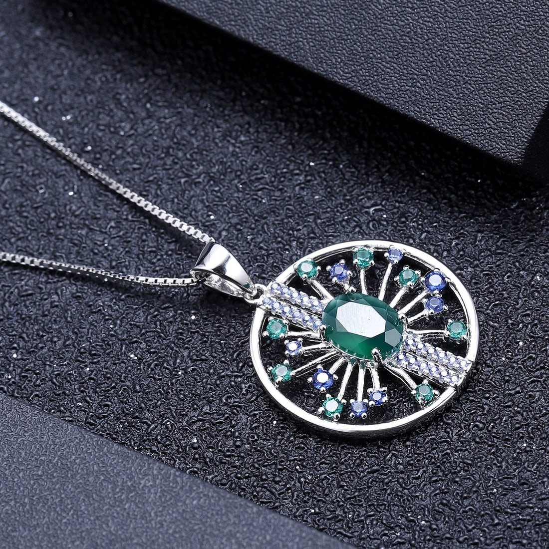 925 Sterling Silver Natural Agate & Nano Sapphire & Nano Emerald Necklace - 5