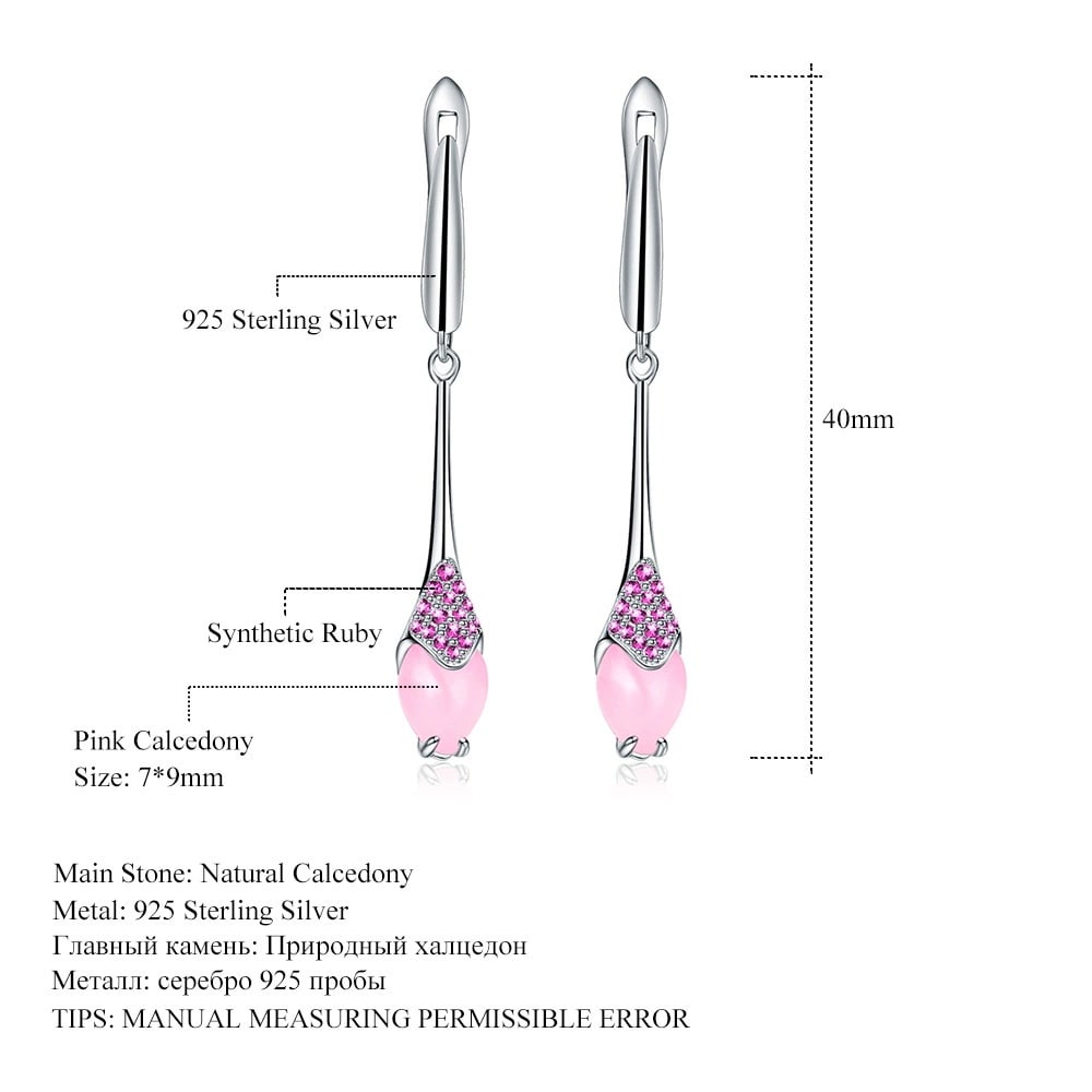 925 Sterling Silver Natural Pink Chalcedony & Synthetic Ruby Earrings - 2