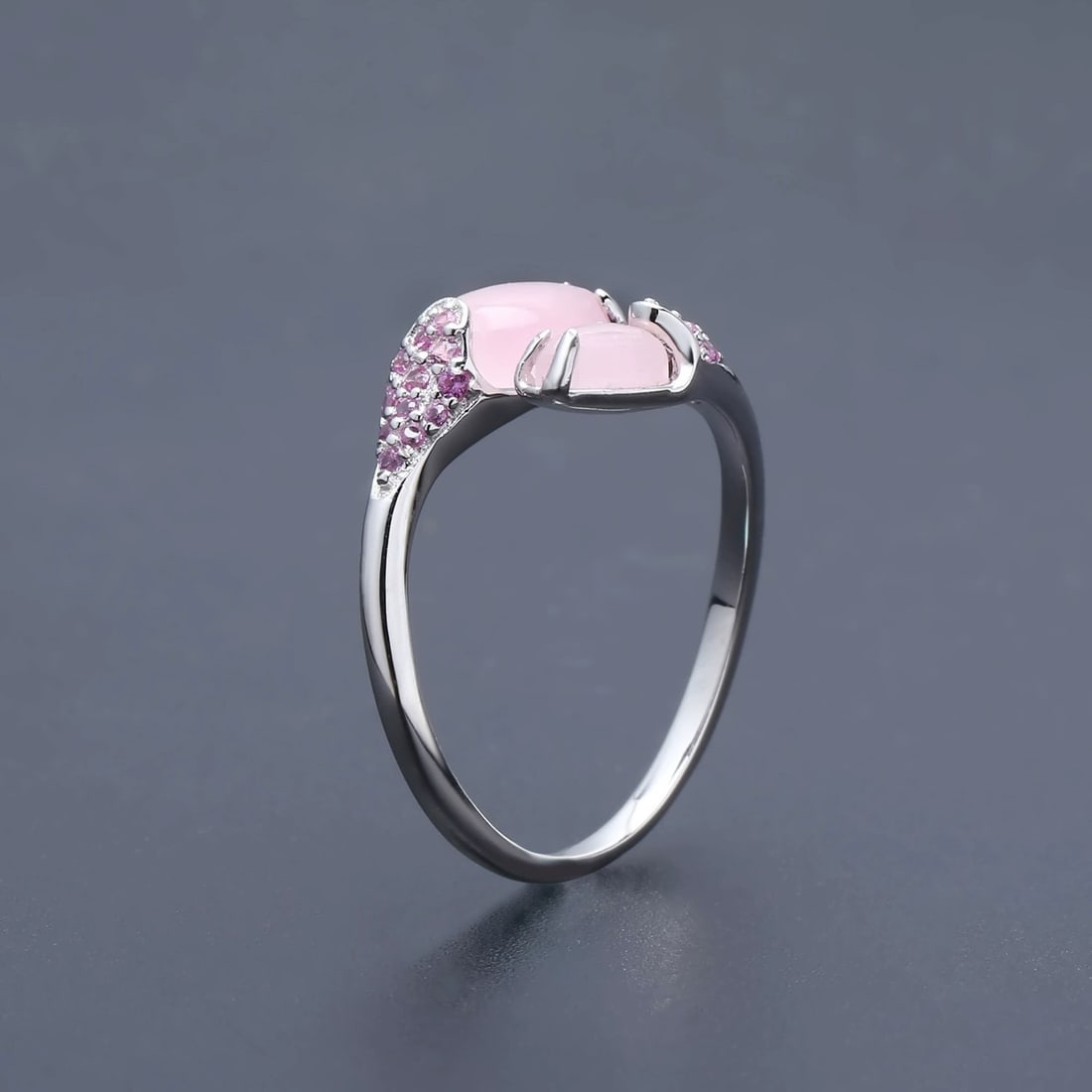 925 Sterling Silver Natural Pink Chalcedony & Synthetic Ruby Ring - 4
