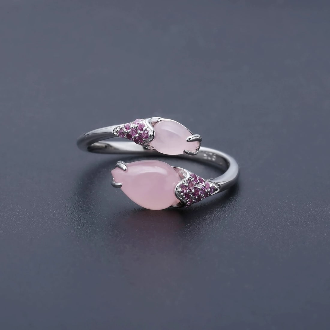 925 Sterling Silver Natural Pink Chalcedony & Synthetic Ruby Ring - 5