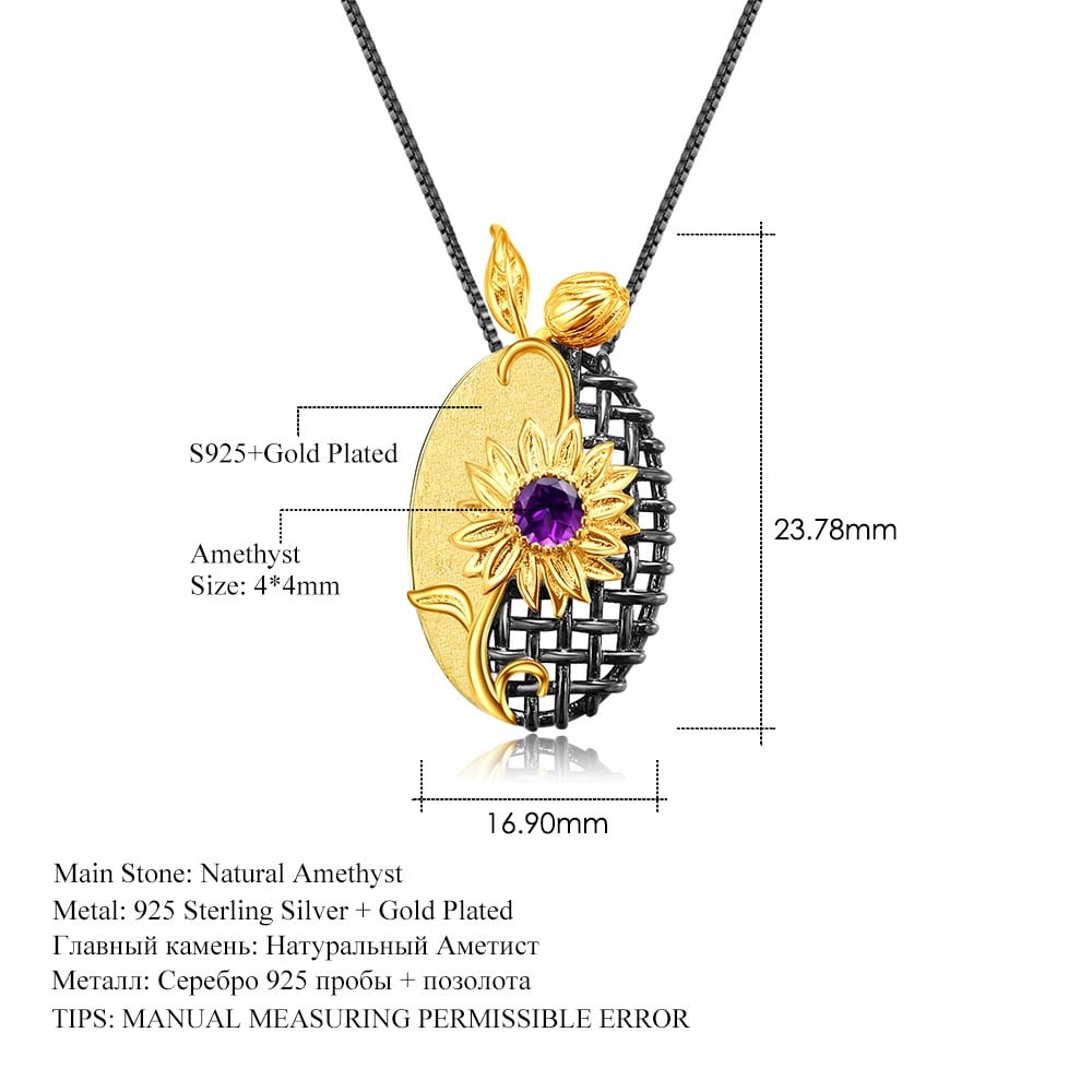 925 Sterling Silver Natural Amethyst & Flowers Necklace - 2