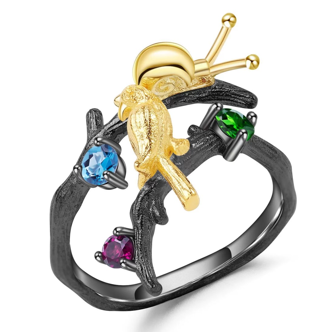 925 Sterling Silver Natural Topaz & Garnet & Chrome Diopside Ring - 2