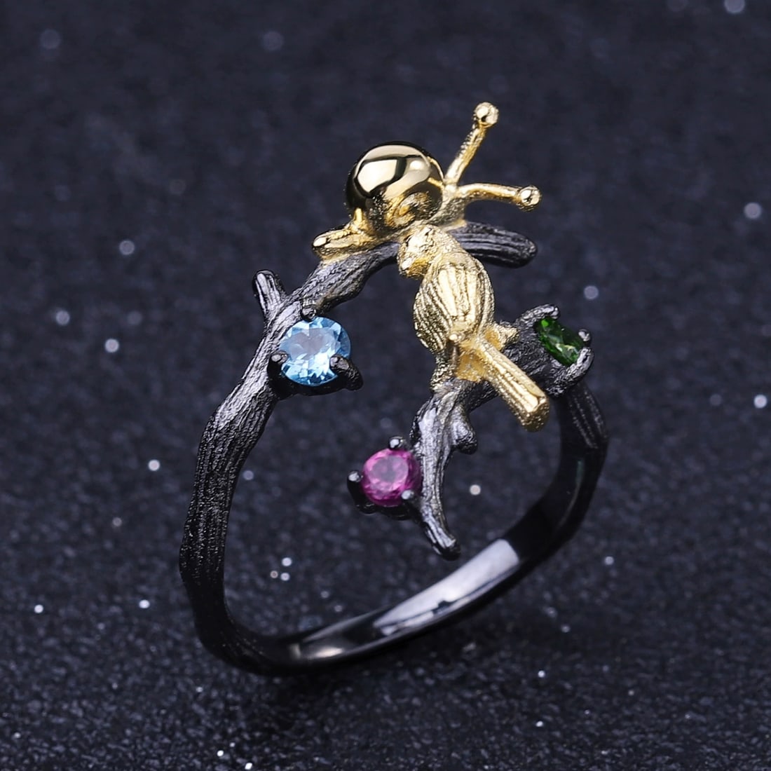 925 Sterling Silver Natural Topaz & Garnet & Chrome Diopside Ring - 5