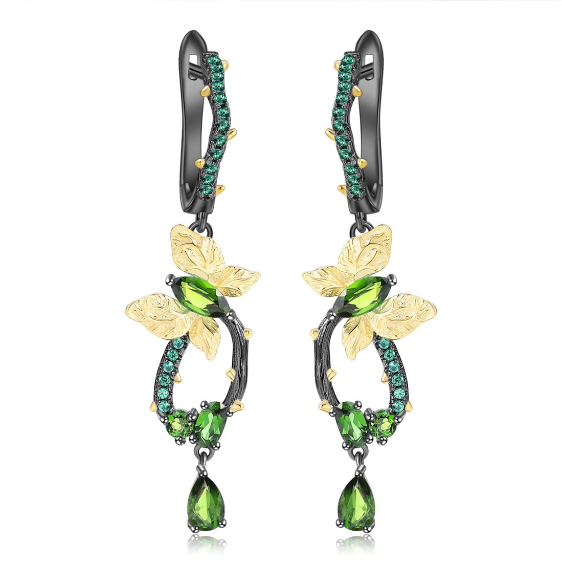 925 Sterling Silver Natural Chrome Diopside & Nano Emerald & Butterfly Earrings: Ref:260821214 // gold content:925 sterling silver // main gemstone:chrome diopside // shape:multiple // carat weight: // color:green // treatment:natural // // adjacent gemstone 2 : nano emerald //