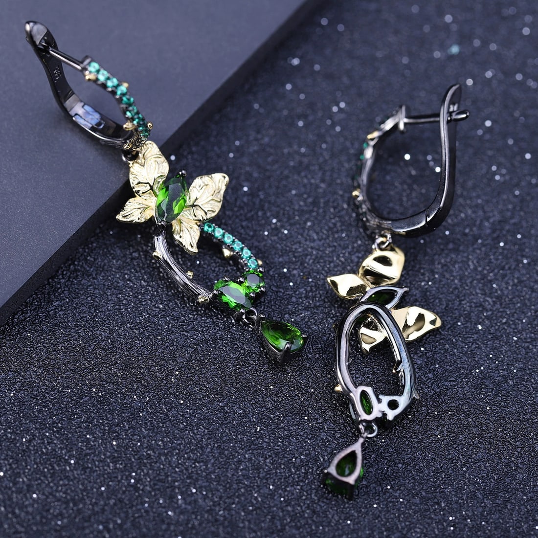 925 Sterling Silver Natural Chrome Diopside & Nano Emerald & Butterfly Earrings - 2