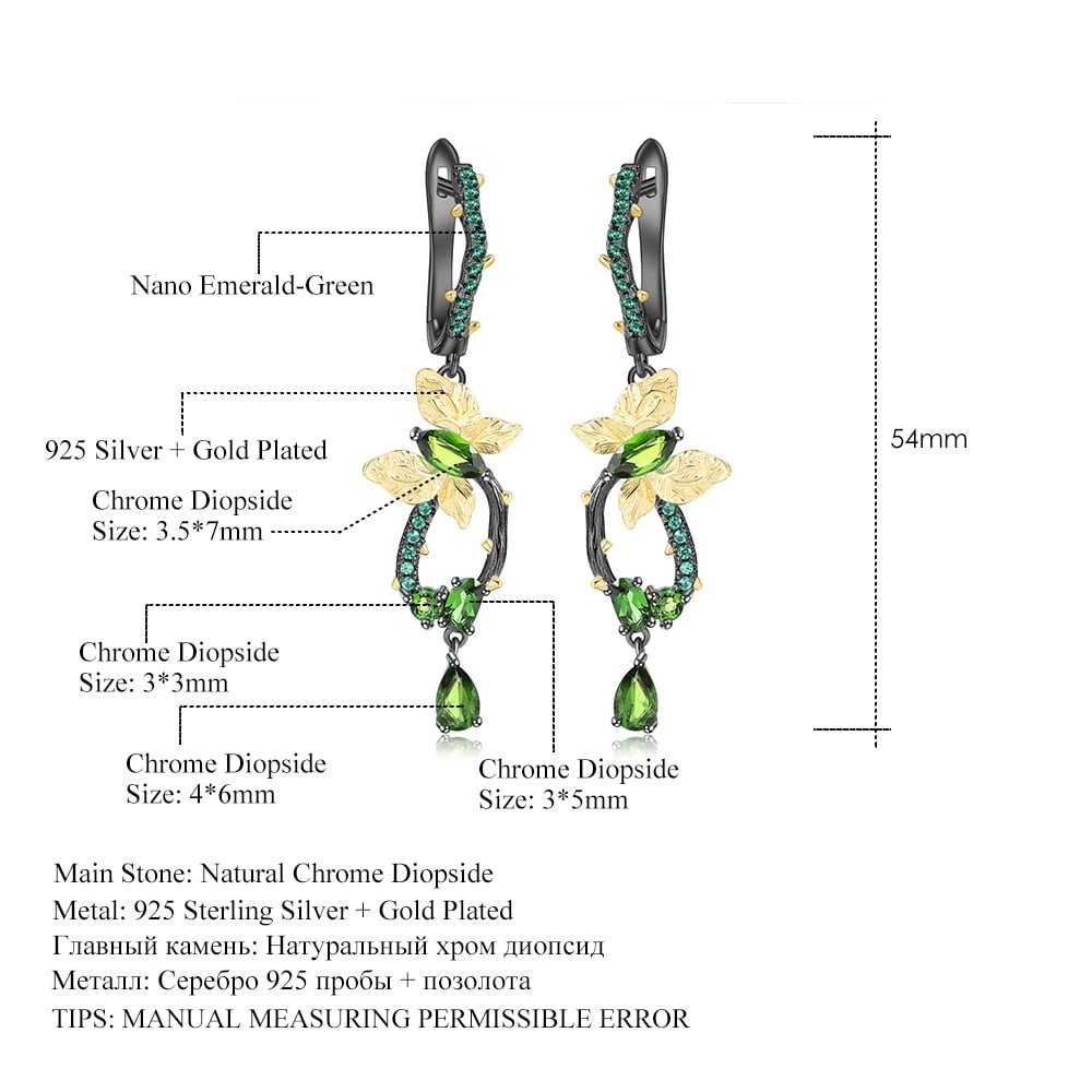 925 Sterling Silver Natural Chrome Diopside & Nano Emerald & Butterfly Earrings - 3