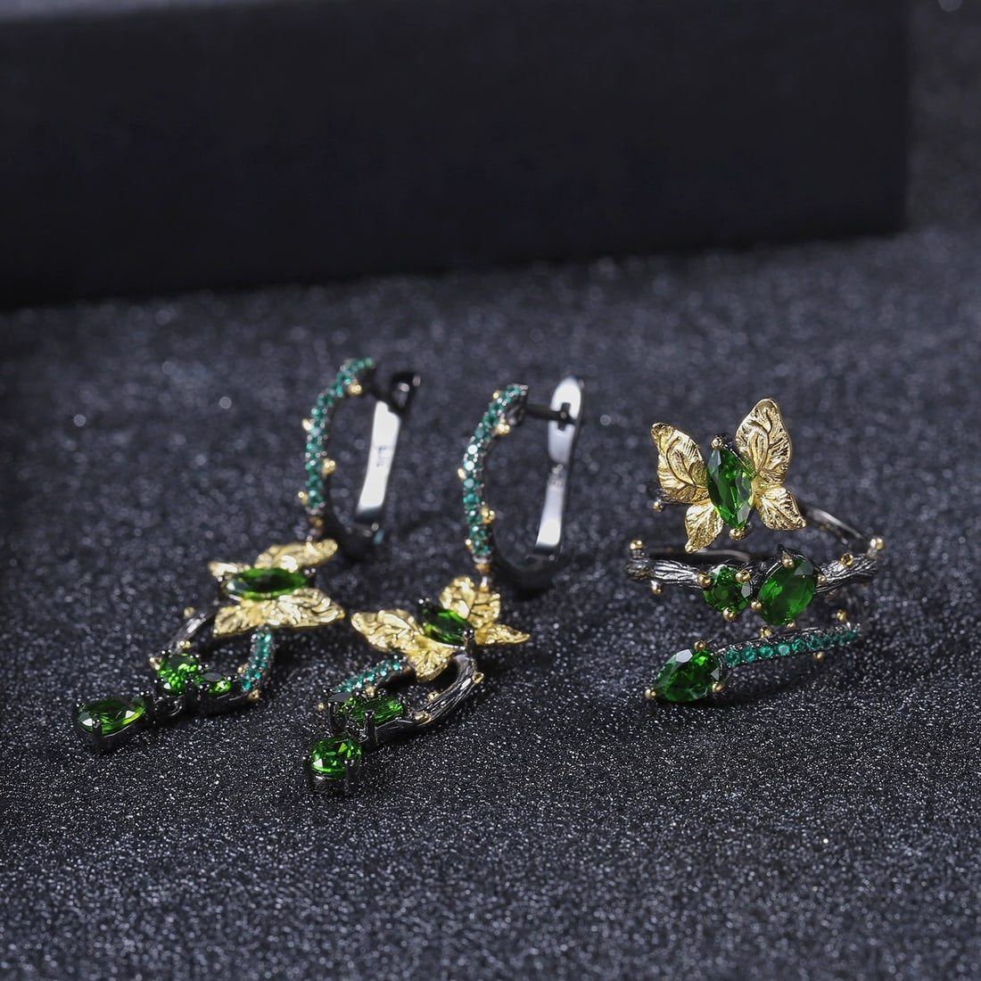 925 Sterling Silver Natural Chrome Diopside & Nano Emerald & Butterfly Earrings - 4