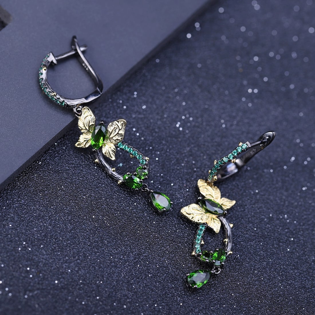 925 Sterling Silver Natural Chrome Diopside & Nano Emerald & Butterfly Earrings - 5