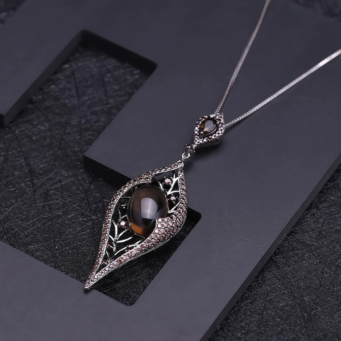 925 Sterling Silver Natural Smoky?Quartz & Smoky Cubic Zirconia Necklace - 3