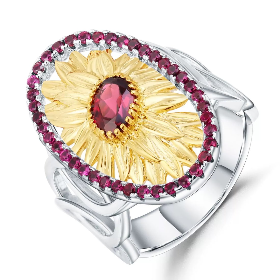 925 Sterling Silver Natural Rhodolite Garnet & Lab Created Ruby Ring: Ref:260821216 // gold content:925 sterling silver // ring size:7. 25us // // main gemstone:rhodolite garnet // shape:oval // carat weight: // color:red // treatment:natural // // adjacent gemstone 2