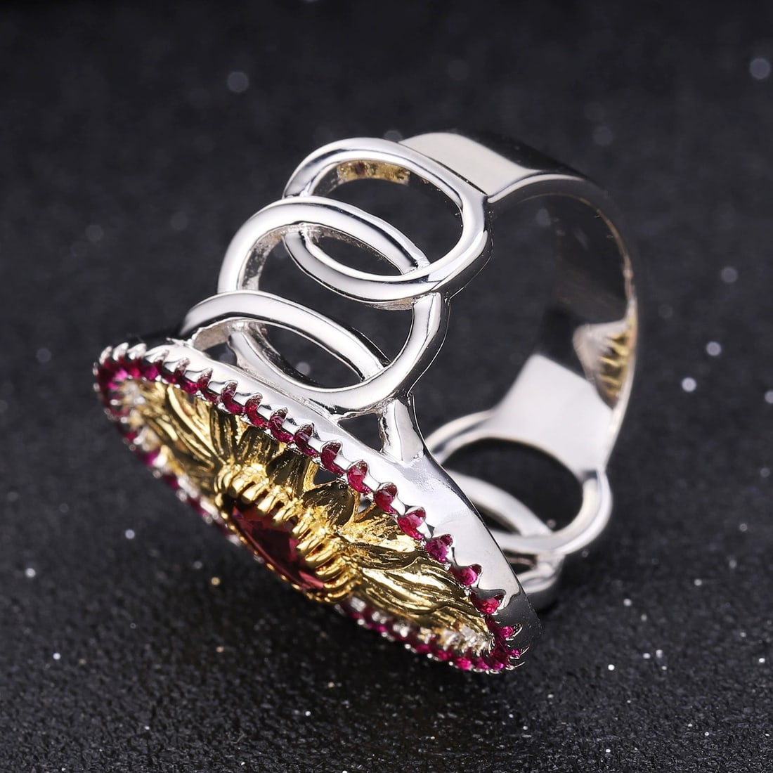 925 Sterling Silver Natural Rhodolite Garnet & Lab Created Ruby Ring - 3