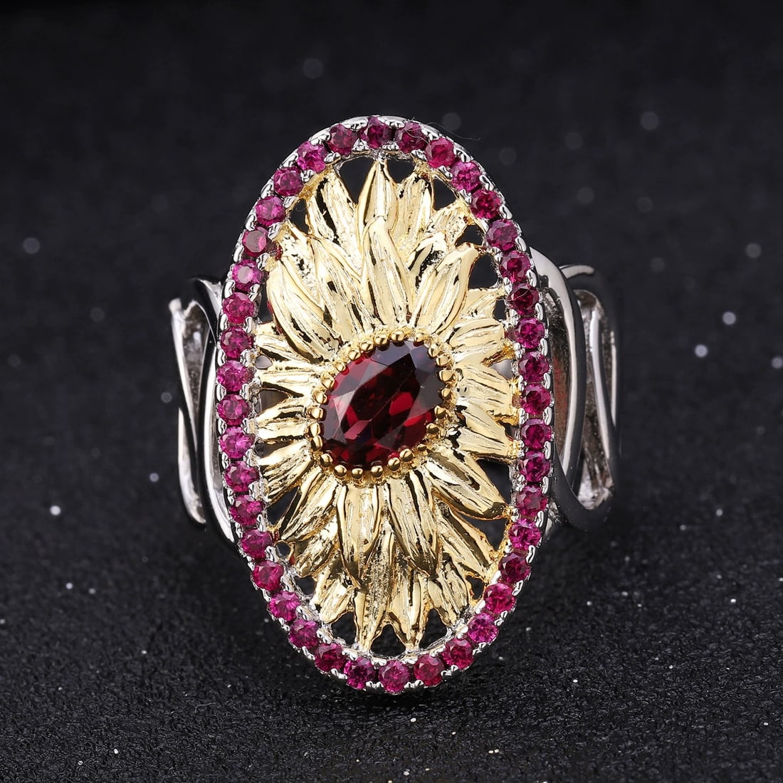 925 Sterling Silver Natural Rhodolite Garnet & Lab Created Ruby Ring - 4