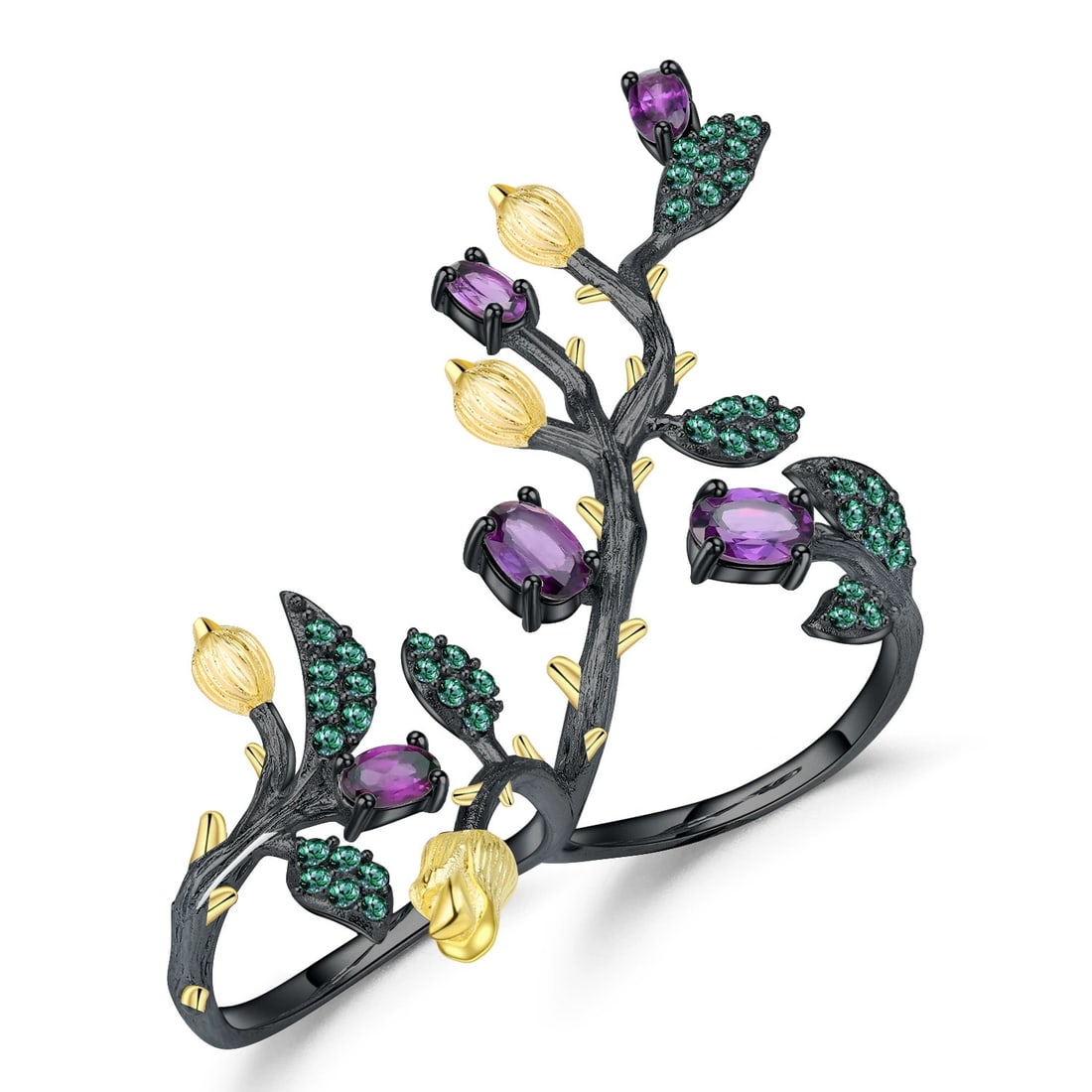 925 Sterling Silver Natural Amethyst & Nano Emerald Ring: Ref:260821217 // gold content:925 sterling silver // ring size:7. 25us // // main gemstone:amethyst // shape:oval // carat weight: // color:purple // treatment:natural // // adjacent gemstone 2 :