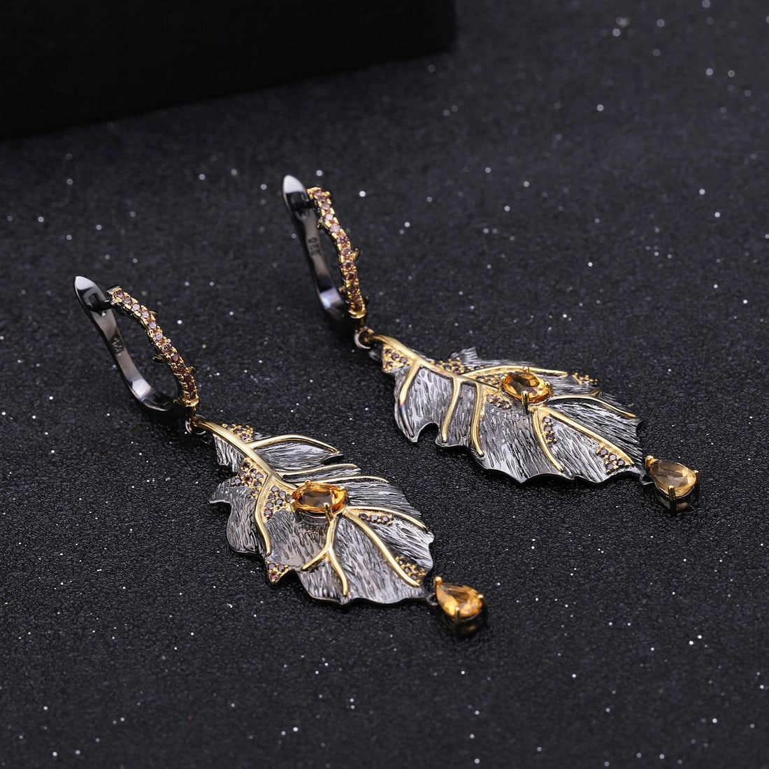 925 Sterling Silver Natural Citrine & Smoky Cubic Zirconia Earrings - 4