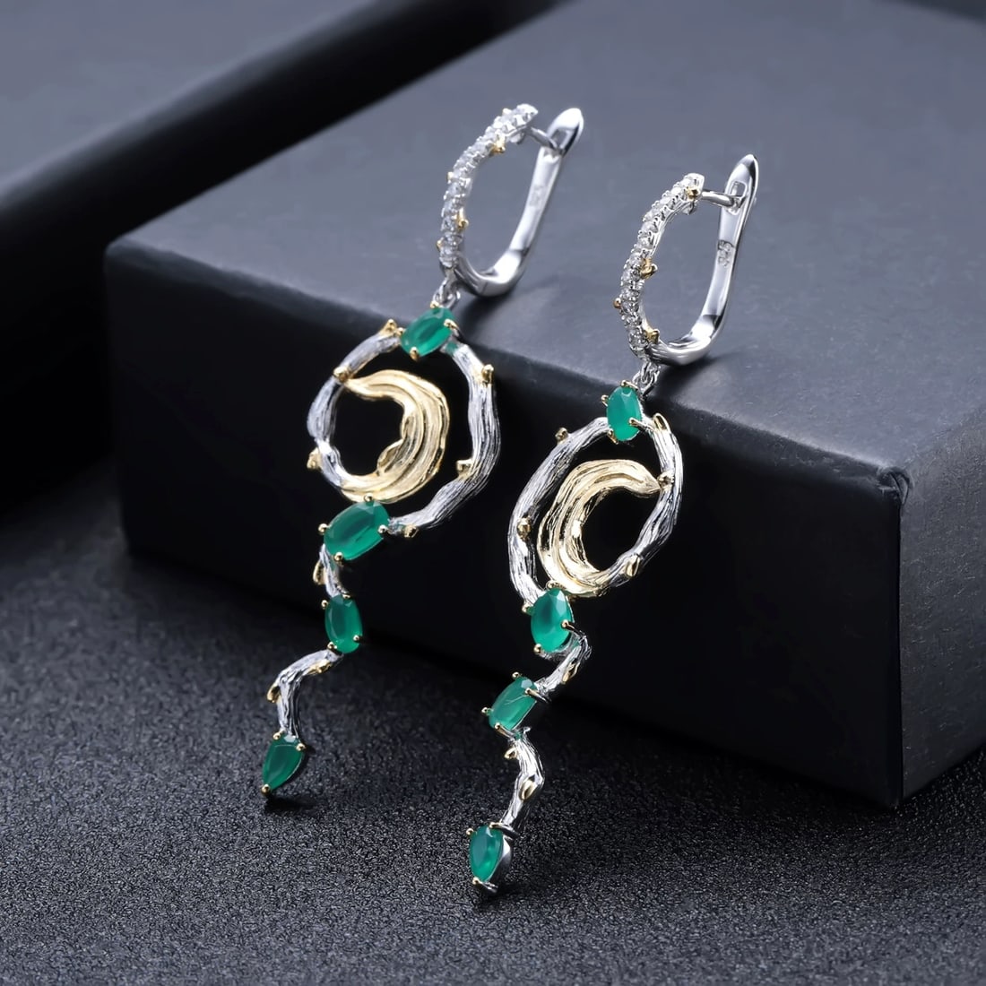 925 Sterling Silver Natural Agate & Cubic Zirconia Earrings - 2