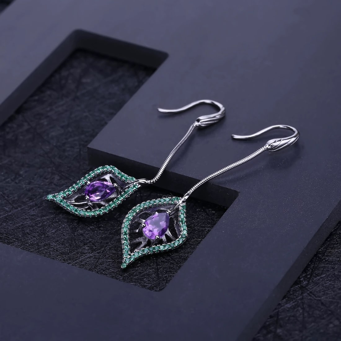 925 Sterling Silver 1.4 Ct Natural Amethyst & Nano Emerald Earrings - 3