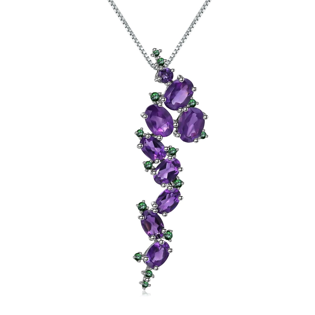 925 Sterling Silver Natural Amethyst & Nano Emerald Necklace: Ref:260821223 // gold content:925 sterling silver // main gemstone:amethyst // shape:multiple // carat weight: // color:purple // treatment:natural // // adjacent gemstone 2 : nano emerald // shape:ro