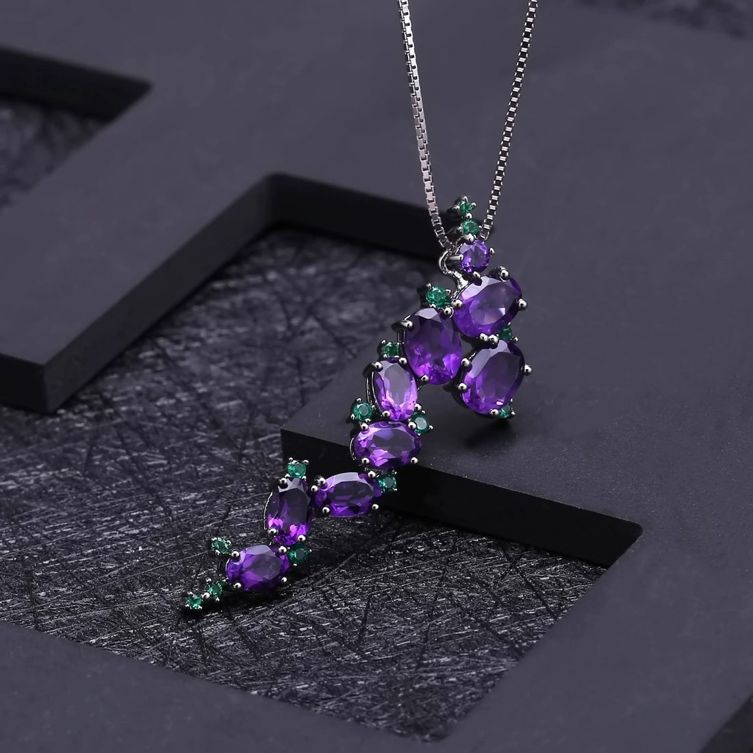 925 Sterling Silver Natural Amethyst & Nano Emerald Necklace - 2