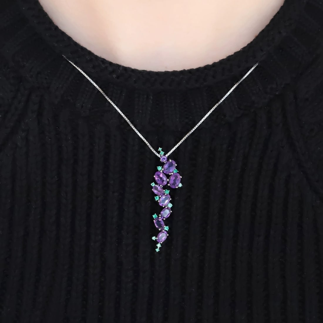 925 Sterling Silver Natural Amethyst & Nano Emerald Necklace - 5