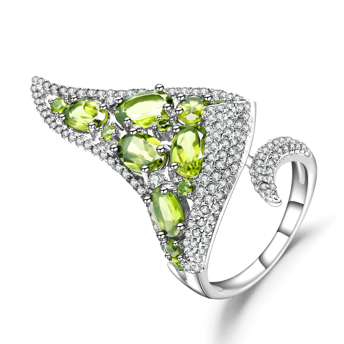 925 Sterling Silver Natural Peridot & Cubic Zirconia Ring: Ref:260821224 // gold content:925 sterling silver // ring size:7. 25us // // main gemstone:peridot // shape:multiple // carat weight: // color:green // treatment:natural // // adjacent gemstone 2 :