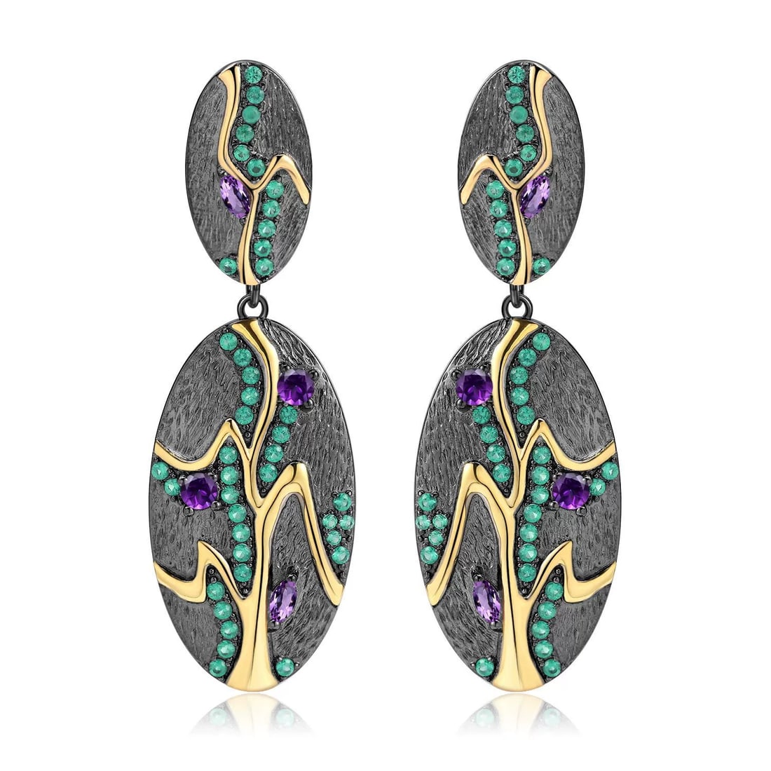 925 Sterling Silver Natural Amethyst & Nano Emerald Earrings: Ref:260821226 // gold content:925 sterling silver // main gemstone:amethyst // shape:multiple // carat weight: // color:purple // treatment:natural // // adjacent gemstone 2 : nano emerald //