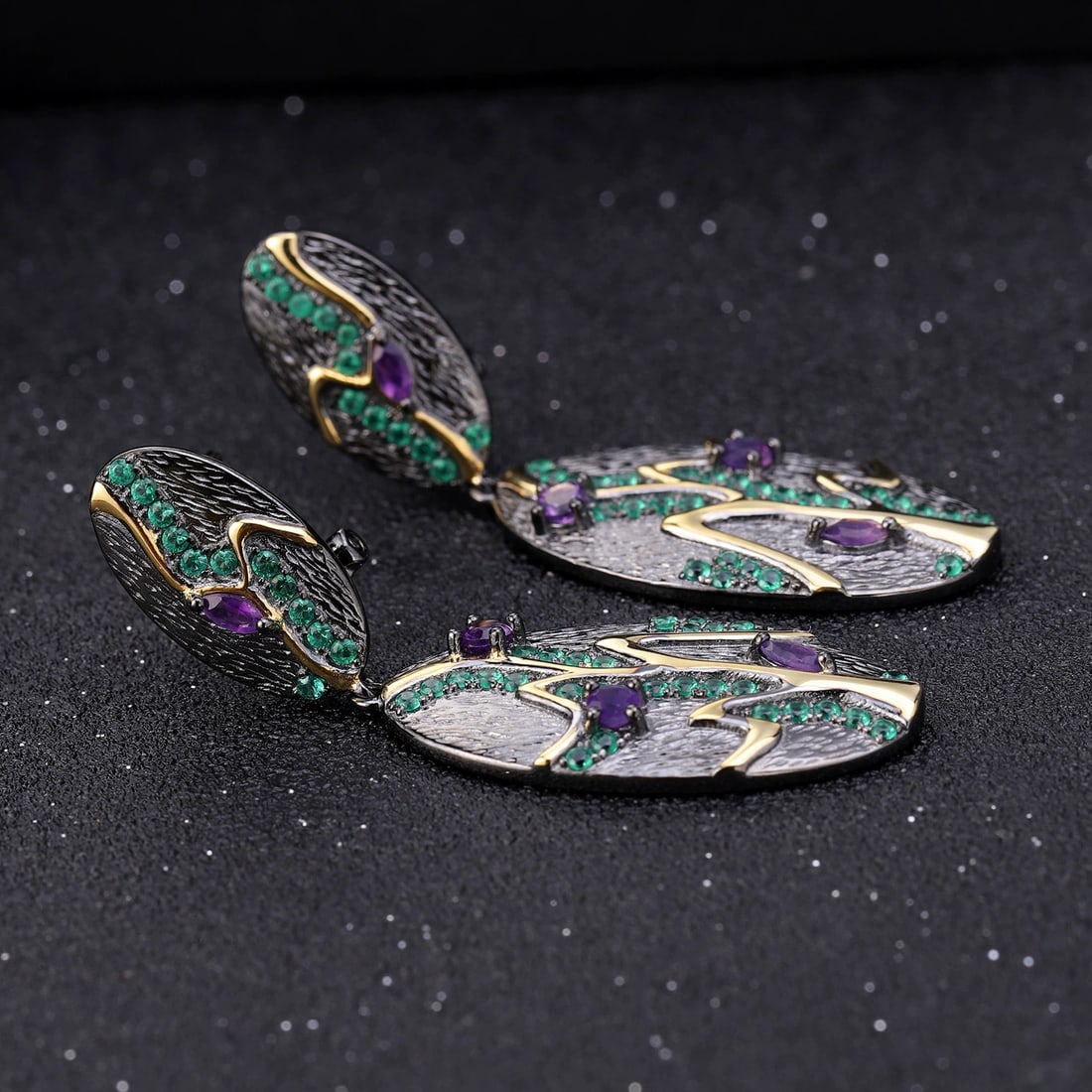 925 Sterling Silver Natural Amethyst & Nano Emerald Earrings - 2