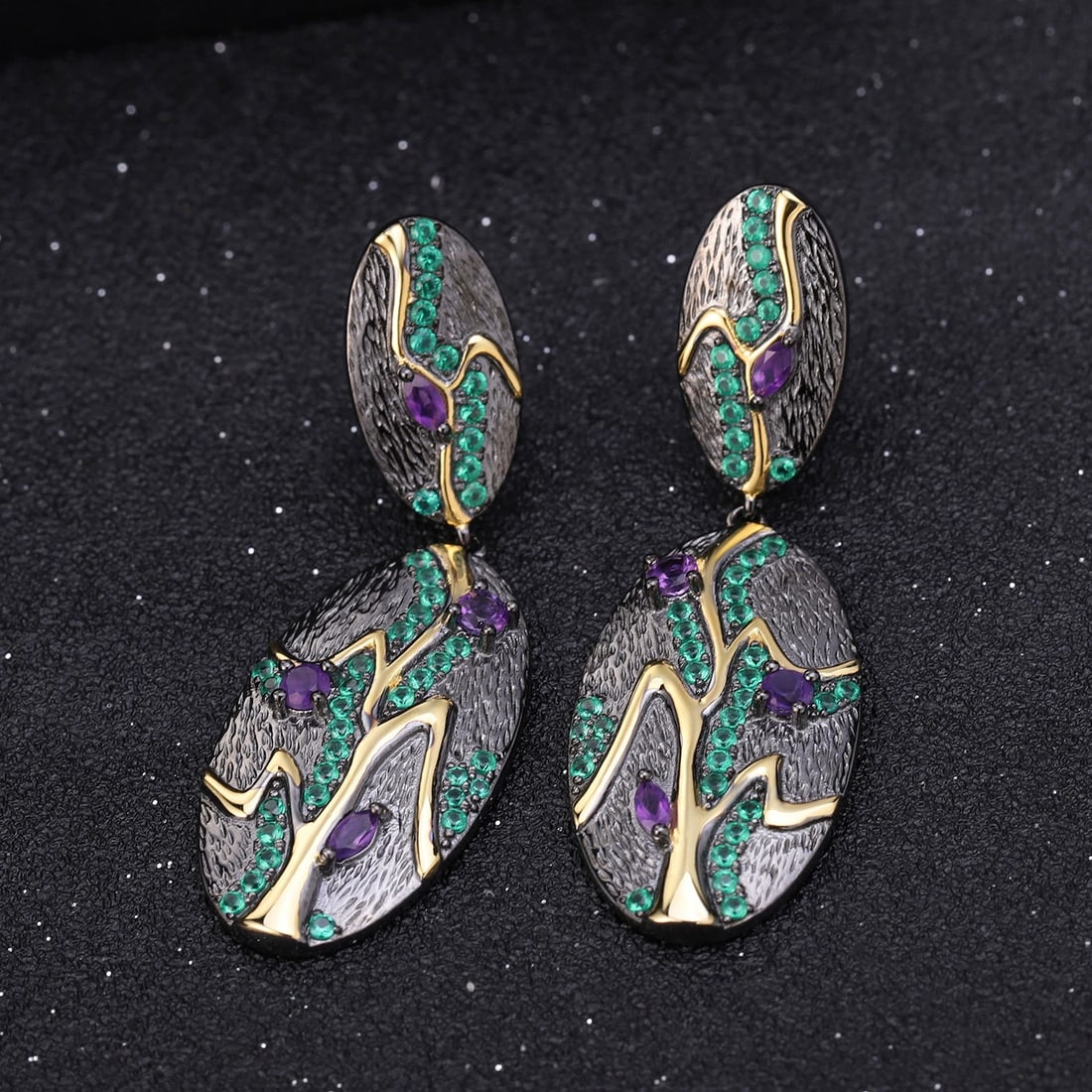 925 Sterling Silver Natural Amethyst & Nano Emerald Earrings - 3