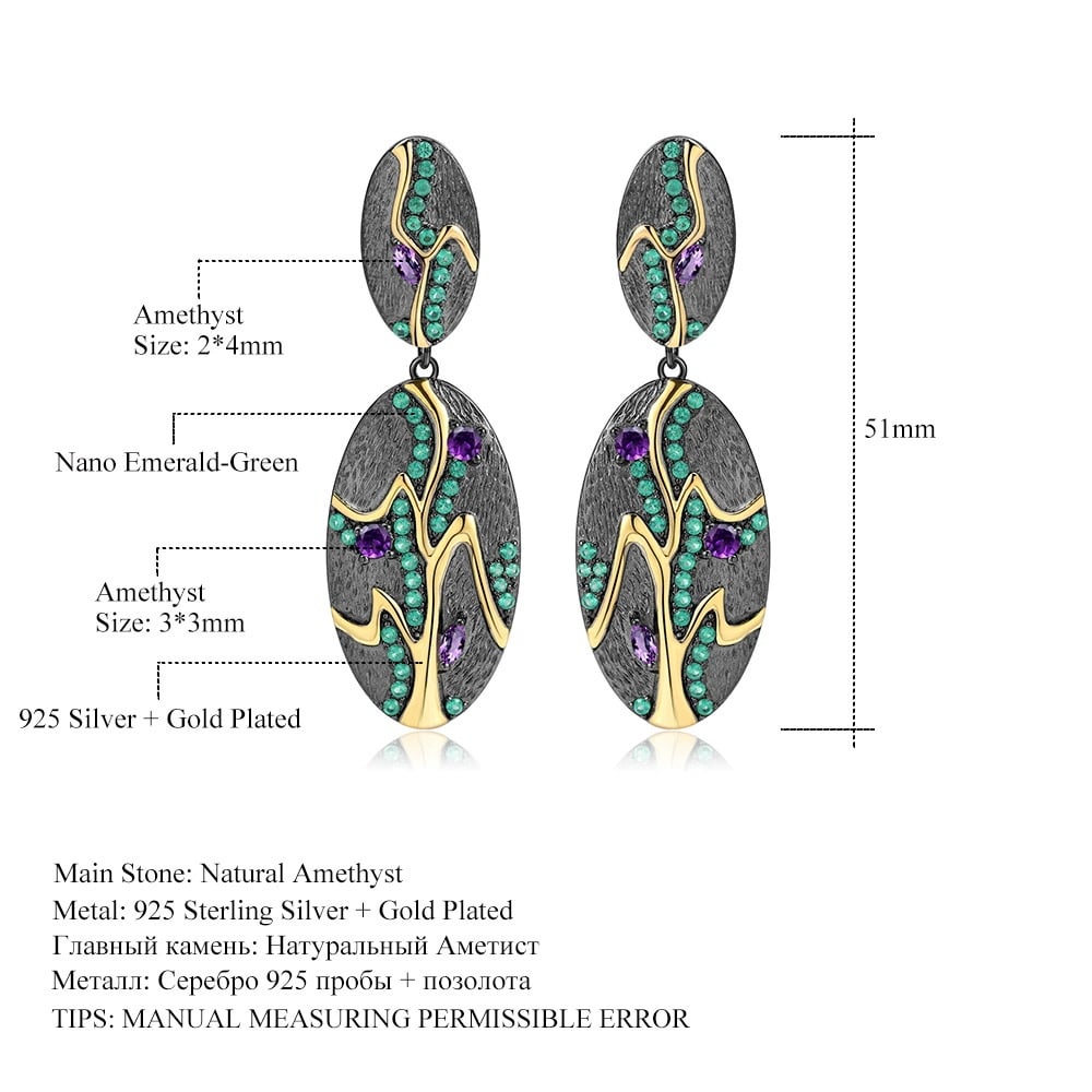 925 Sterling Silver Natural Amethyst & Nano Emerald Earrings - 4