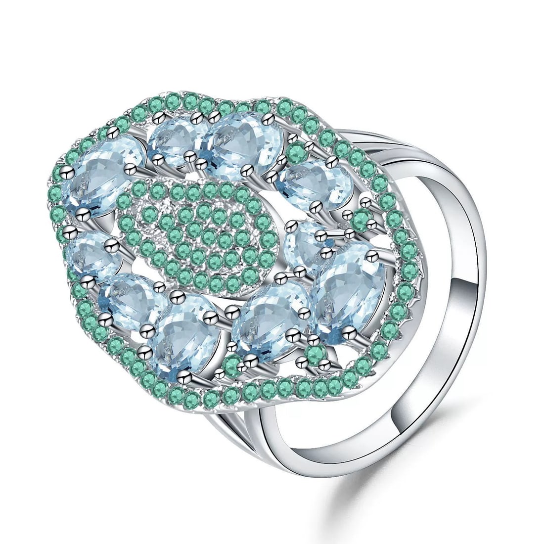 925 Sterling Silver Natural Topaz & Nano Emerald Ring: Ref:260821228 // gold content:925 sterling silver // ring size:7. 25us // // main gemstone:topaz // shape:multiple // carat weight: // color:blue // treatment:natural // // adjacent gemstone 2 : nano