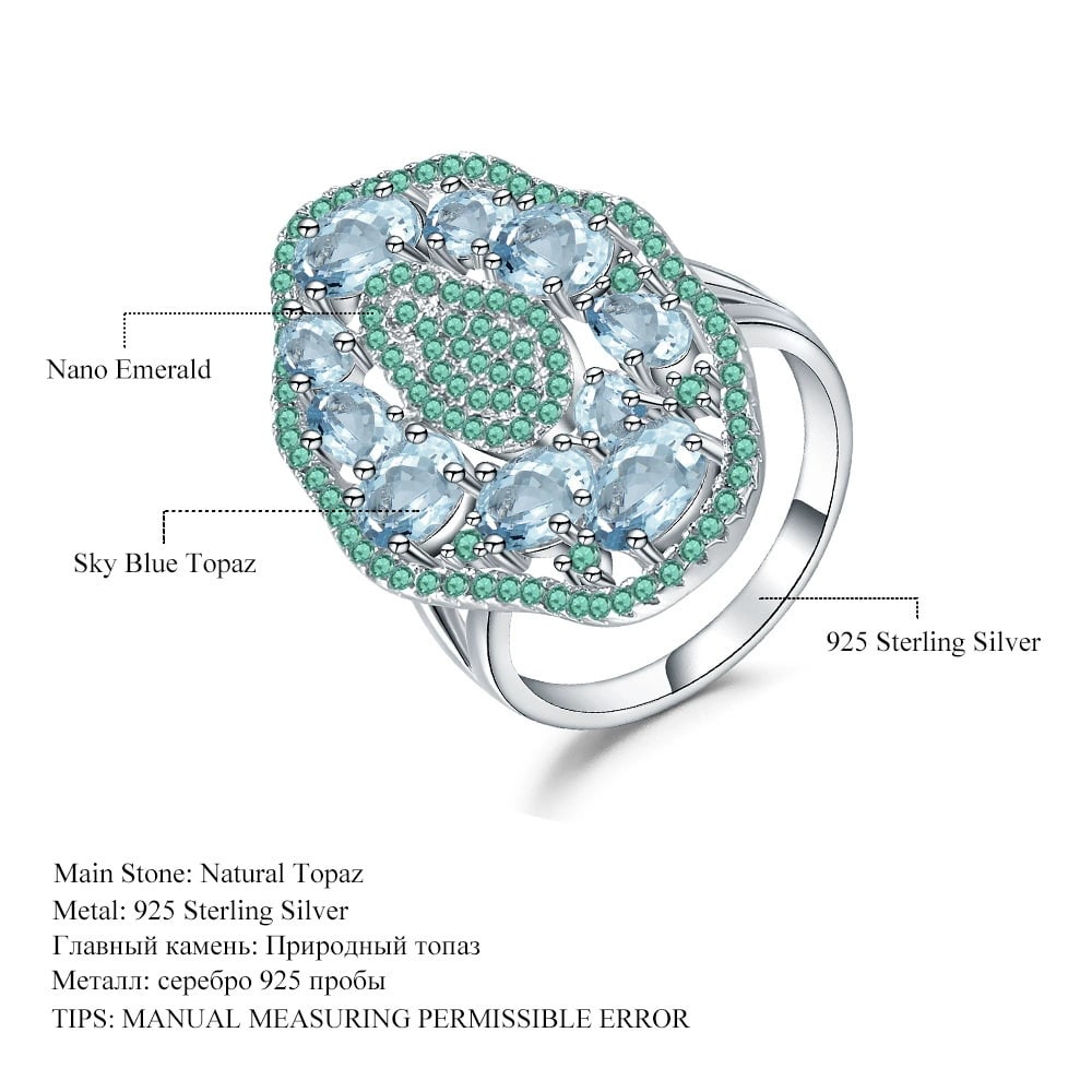 925 Sterling Silver Natural Topaz & Nano Emerald Ring - 2