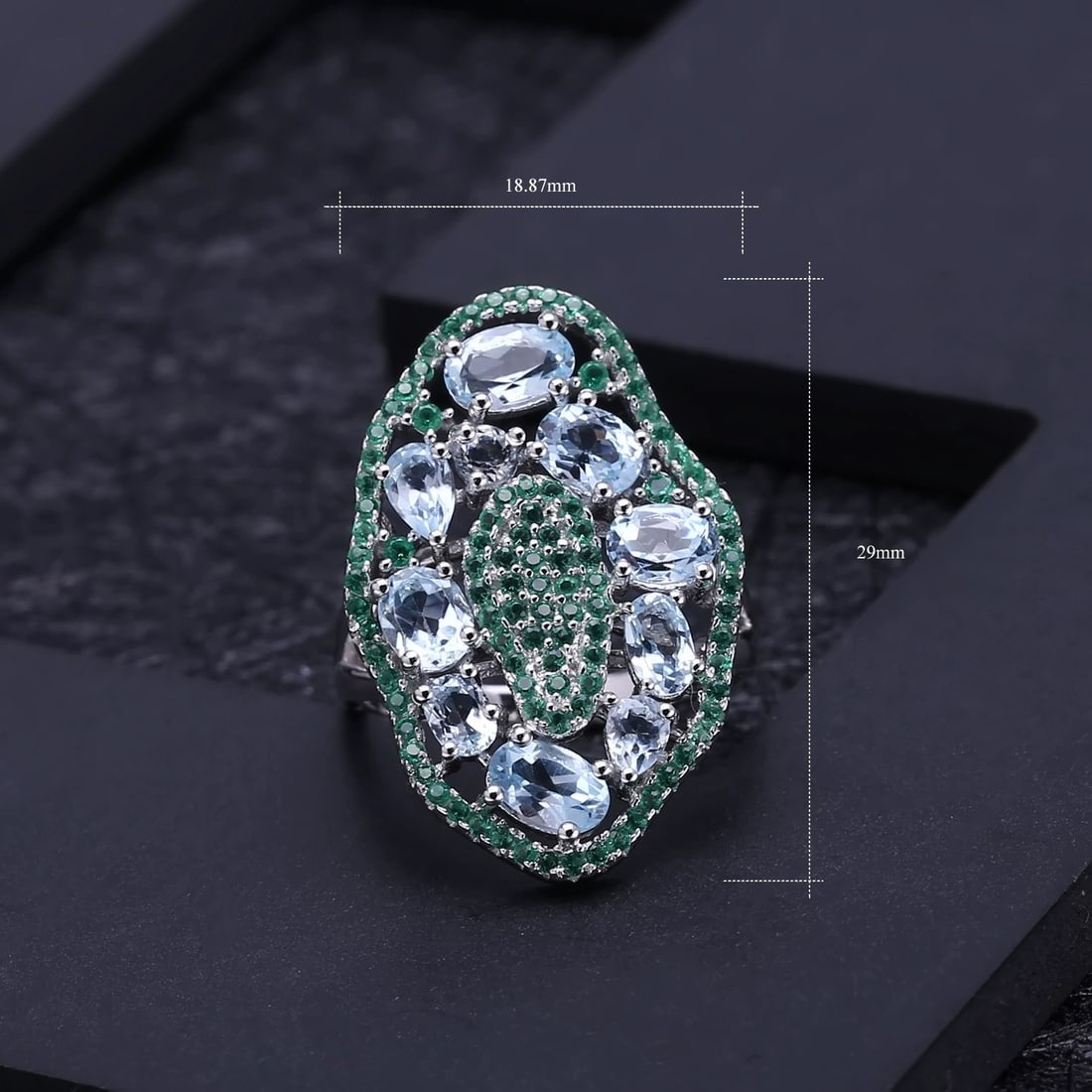 925 Sterling Silver Natural Topaz & Nano Emerald Ring - 3