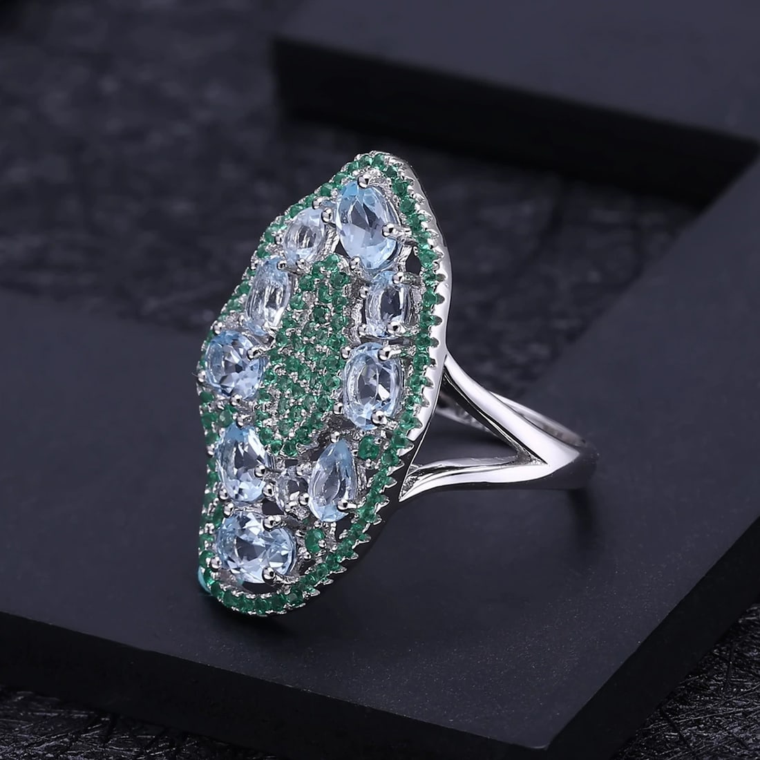 925 Sterling Silver Natural Topaz & Nano Emerald Ring - 4