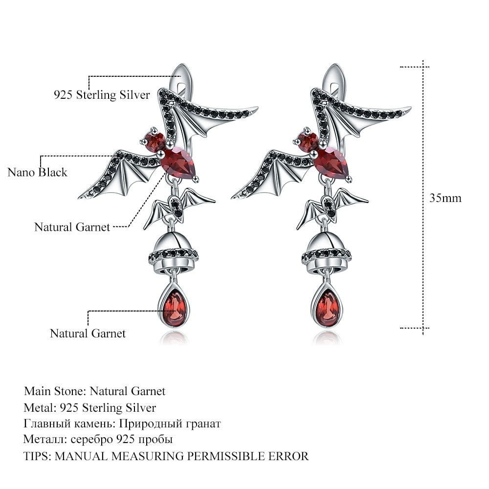 925 Sterling Silver Natural Garnet & Bat Earrings - 3