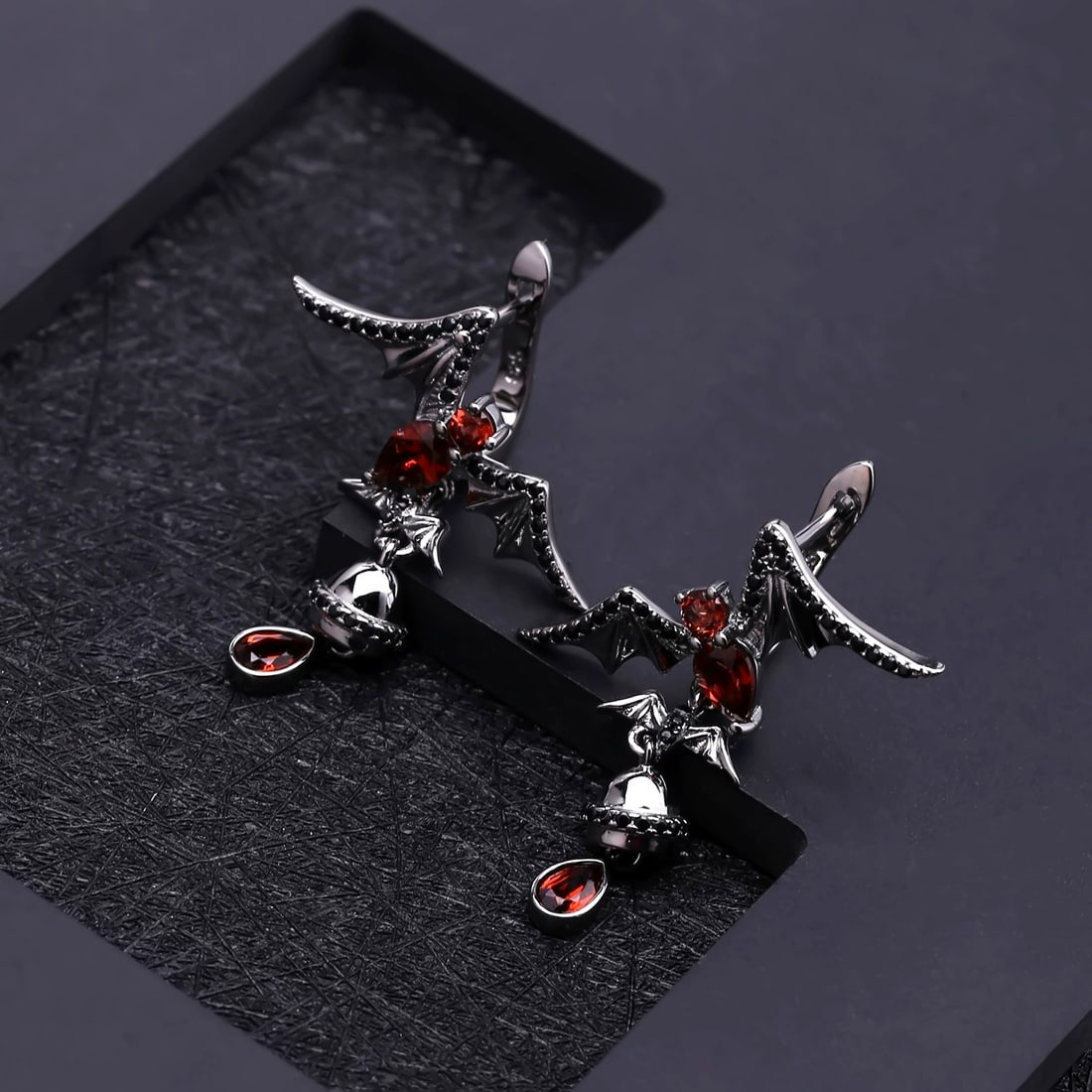 925 Sterling Silver Natural Garnet & Bat Earrings - 4