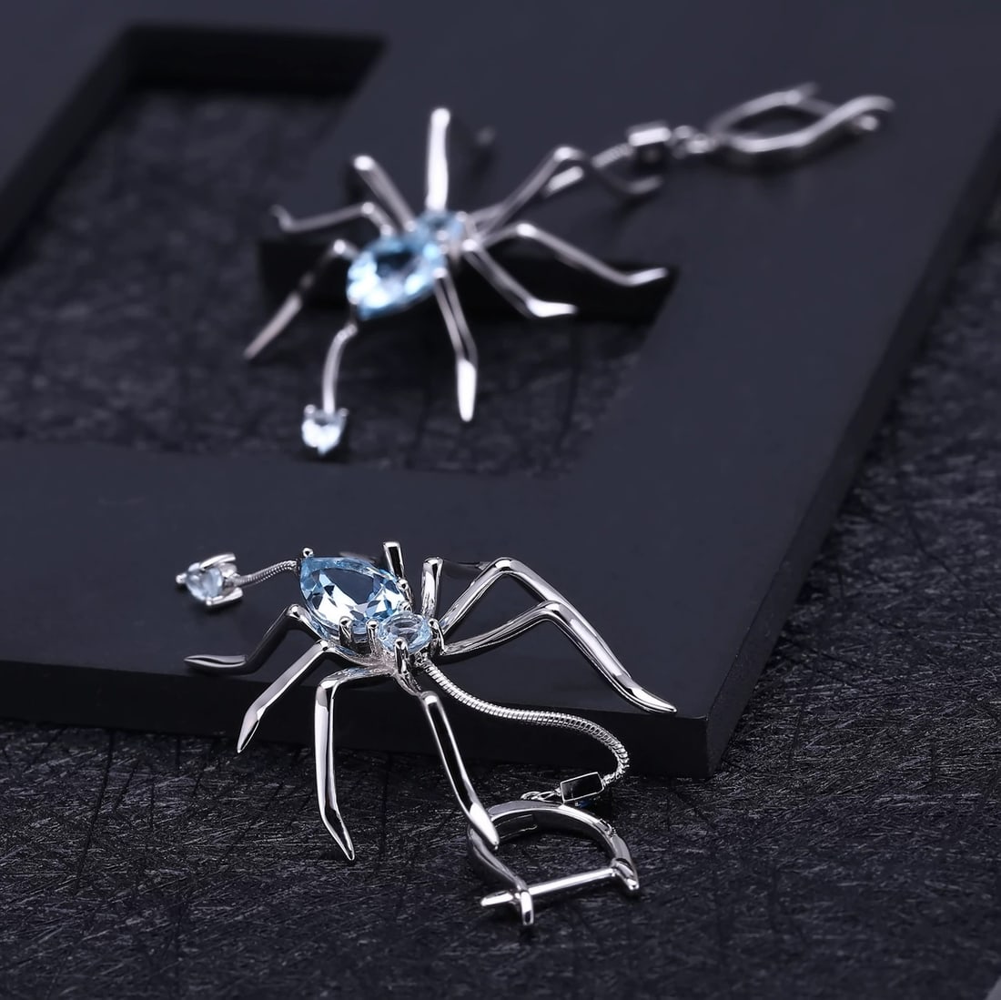 925 Sterling Silver 5.48 Ct Natural Topaz & Nano Swiss Blue & Spider Earrings - 2
