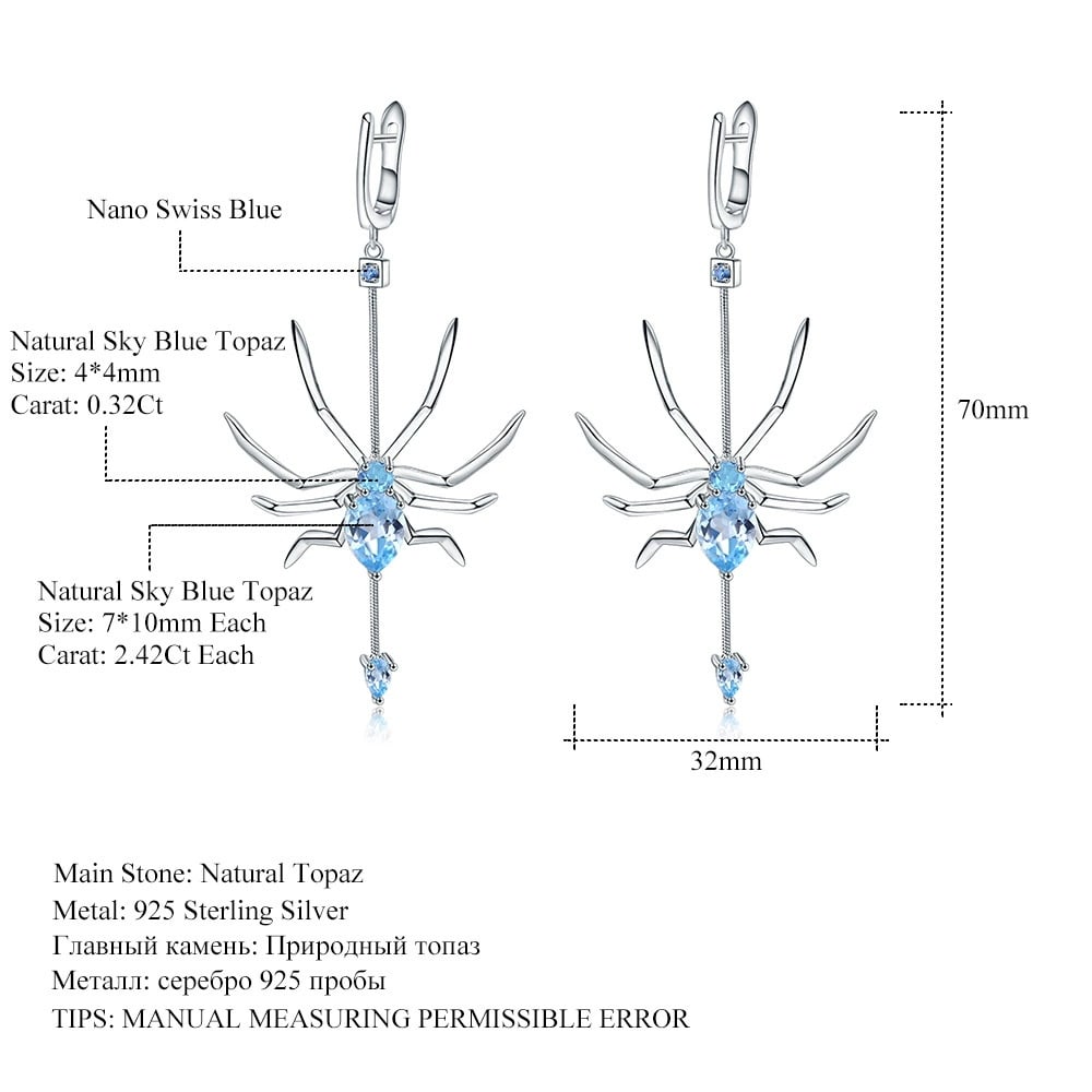 925 Sterling Silver 5.48 Ct Natural Topaz & Nano Swiss Blue & Spider Earrings - 3